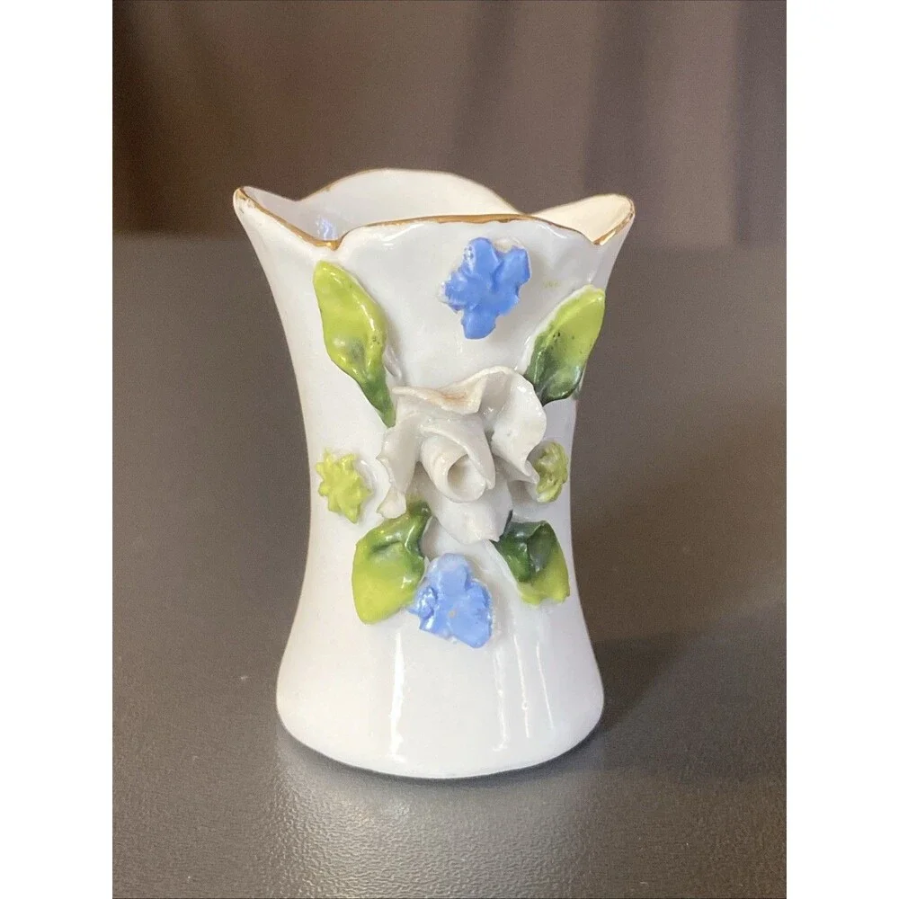 Vintage Germany Miniature Vase 2.25” 3D Floral Toothpick Holder Painted